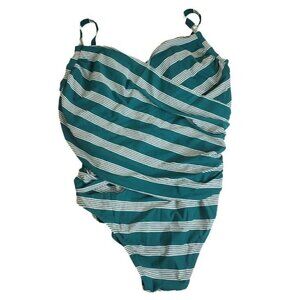 Terra & Sky Women's Swimsuit 4X One Piece Blue White Stripes Wrap Tummy Control